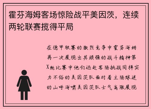 霍芬海姆客场惊险战平美因茨，连续两轮联赛揽得平局