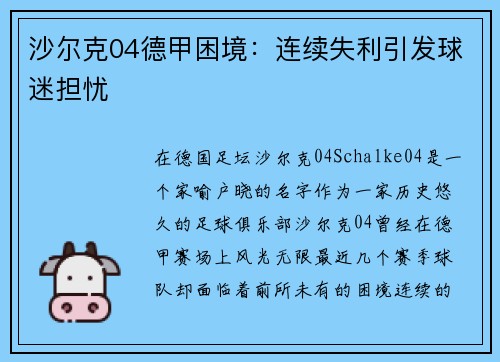 沙尔克04德甲困境：连续失利引发球迷担忧