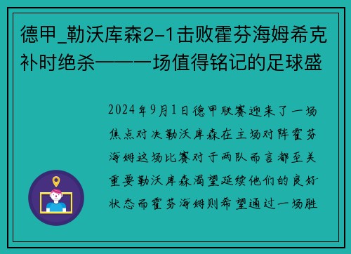 德甲_勒沃库森2-1击败霍芬海姆希克补时绝杀——一场值得铭记的足球盛宴